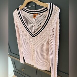 Tory Burch Pink Crochet Cotton Light Sweater with Navy V Varsity Trim • S •